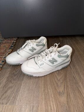 New Balance White and Pale Green 550 Sneakers